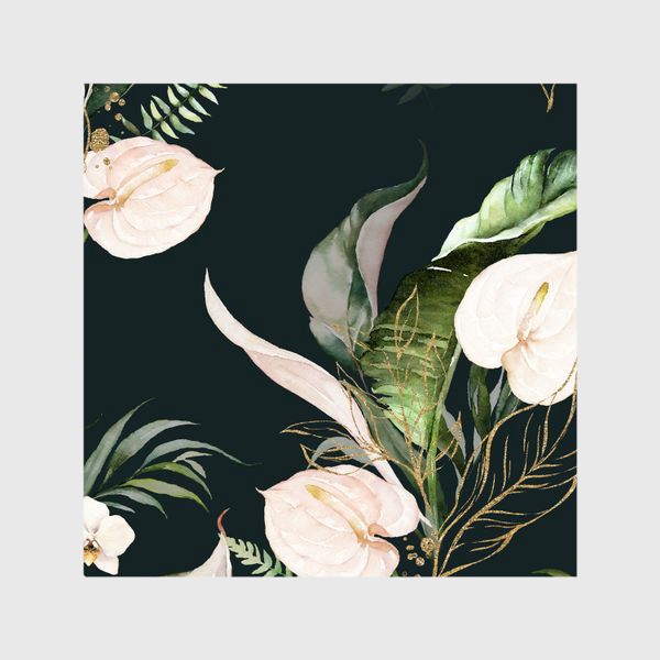Шторы «Паттерн акварельные листья пальмы, каллы, орхидеи»