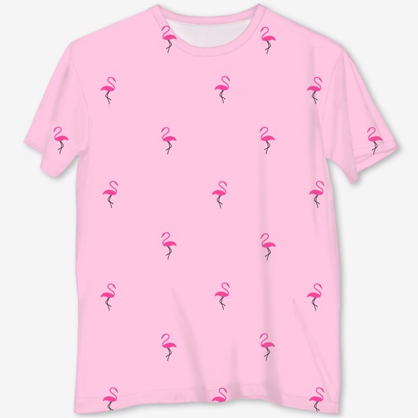 Футболка с полной запечаткой «Фламинго на розовом фоне, бесшовный паттерн»