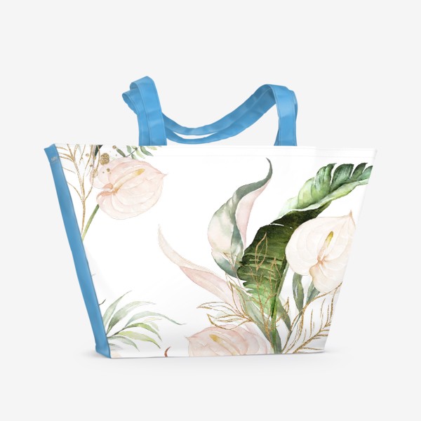 Пляжная сумка «Паттерн акварельные листья пальмы, каллы, орхидеи»