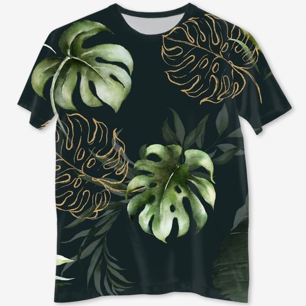 Футболка с полной запечаткой «Паттерн акварельные листья пальмы, каллы, орхидеи»