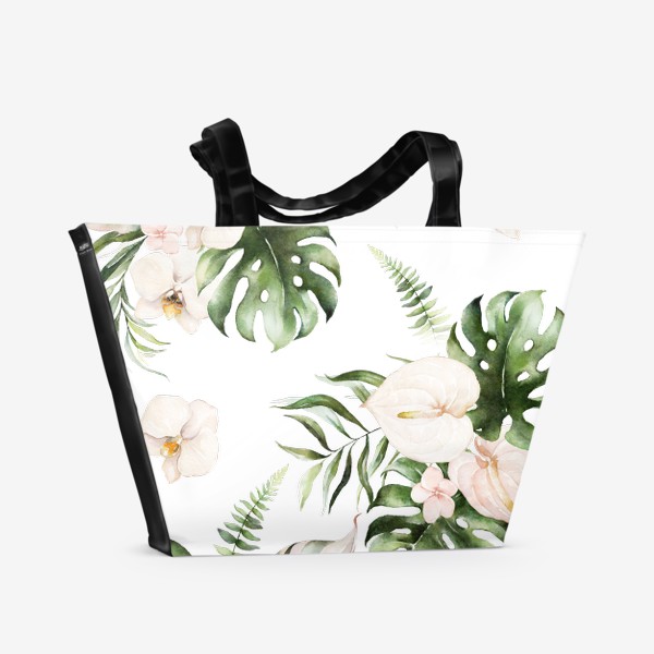 Пляжная сумка &laquo;Паттерн акварельные листья пальмы, каллы, орхидеи&raquo;