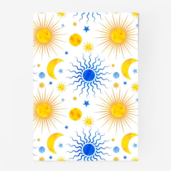 Постер «Космический паттерн солнце, луна и звезды. Коллекция в стиле Бохо (Boho). Геометрические фигуры с акварельной текстурой»
