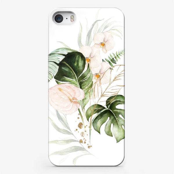 Чехол iPhone «Листья пальмы, каллы, орхидеи акварель и золото»