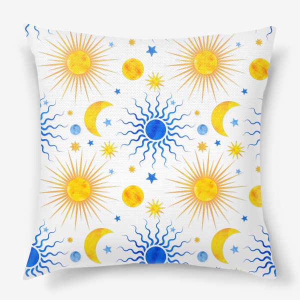 Подушка «Космический паттерн солнце, луна и звезды. Коллекция в стиле Бохо (Boho). Геометрические фигуры с акварельной текстурой»