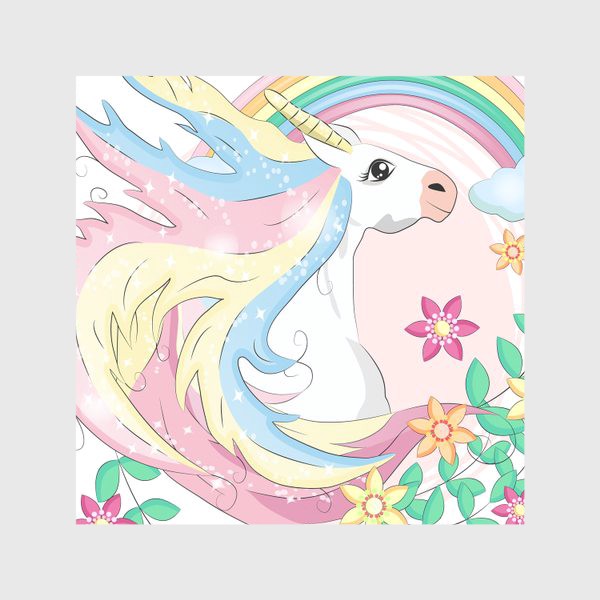 Скатерть «Белый единорог с радугой и цветами, волшебные существа»