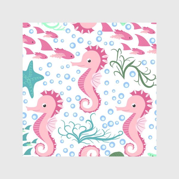 Скатерть «Морской конек розовый и рыбки, водоросли, пузыри паттерн»