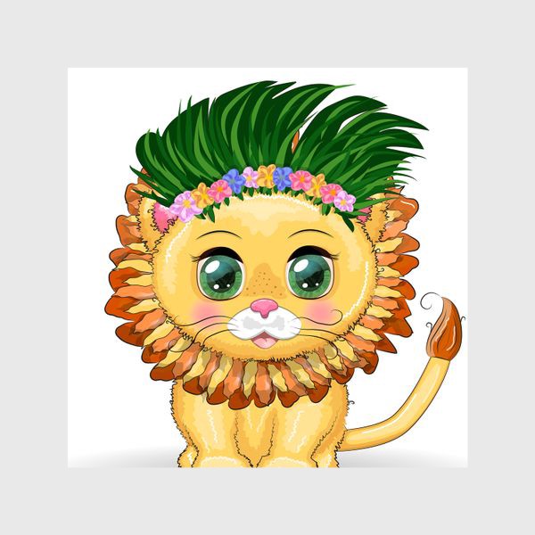Шторы «Зеленоглазый львенок в гавайском наряде. Знак зодиака Лев»