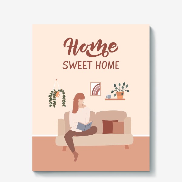 Холст «Девушка на диване с книгой, комнатные растения, Home sweet home, леттеринг»
