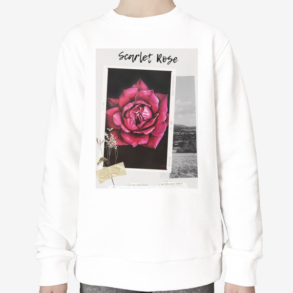 Свитшот «Коллаж с алой розой. Сухоцвет. Черно-белое фото»