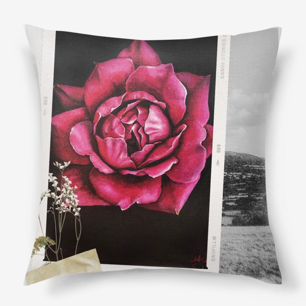 Подушка «Коллаж с алой розой. Сухоцвет. Черно-белое фото»