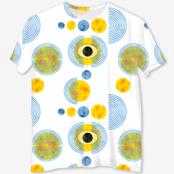 Футболка с полной запечаткой «Космический паттерн солнце и луна. Коллекция в стиле Бохо (Boho). Геометрические фигуры с акварельной текстурой»