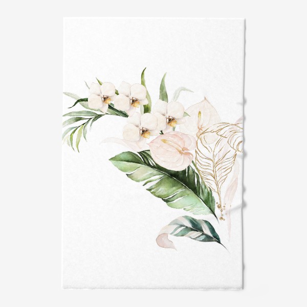Полотенце «Листья пальмы, каллы, орхидеи акварель и золото»