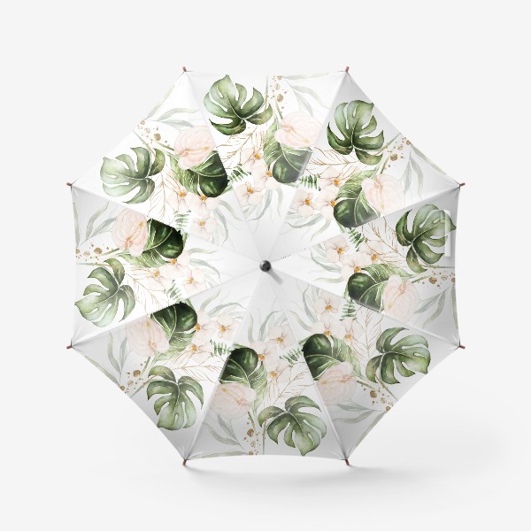 Зонт «Листья пальмы, каллы, орхидеи акварель и золото»