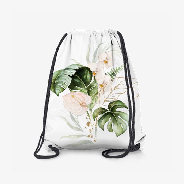 Рюкзак «Листья пальмы, каллы, орхидеи акварель и золото»