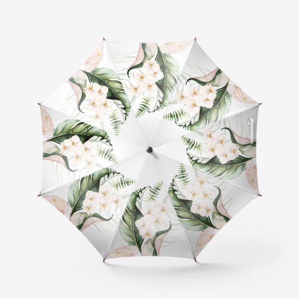 Зонт «Листья пальмы, каллы, орхидеи акварель и золото»