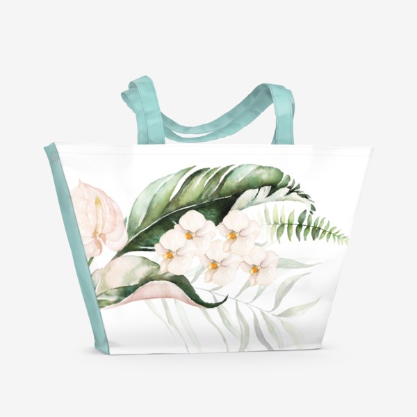 Пляжная сумка «Листья пальмы, каллы, орхидеи акварель и золото»