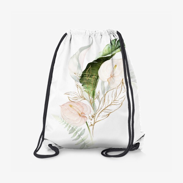 Рюкзак «Листья пальмы, каллы, орхидеи акварель и золото»