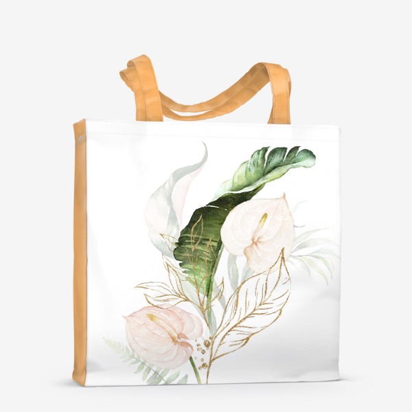 Сумка-шоппер «Листья пальмы, каллы, орхидеи акварель и золото»