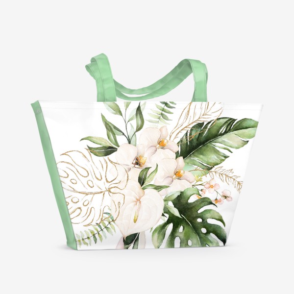 Пляжная сумка «Листья пальмы, каллы, орхидеи акварель и золото»