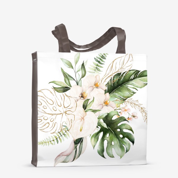 Сумка-шоппер «Листья пальмы, каллы, орхидеи акварель и золото»
