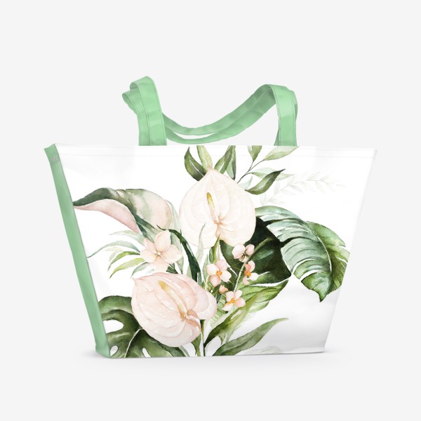 Пляжная сумка &laquo;Листья пальмы, каллы, орхидеи акварель и золото&raquo;
