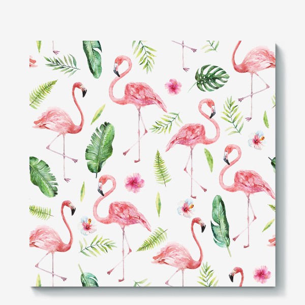 Холст «Тропический принт розовый фламинго и пальмовые листья»