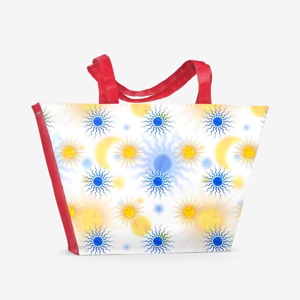 Пляжная сумка «Космический паттерн солнце, луна и звезды. Коллекция в стиле Бохо (Boho). Геометрические фигуры с акварельной текстурой»