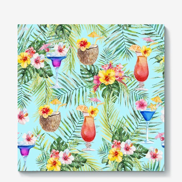 Холст «Тропический принт пальмовые листья и коктейль»