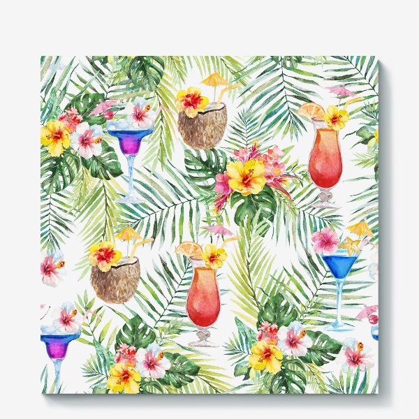 Холст «Тропический принт коктейли и пальмовые листья»