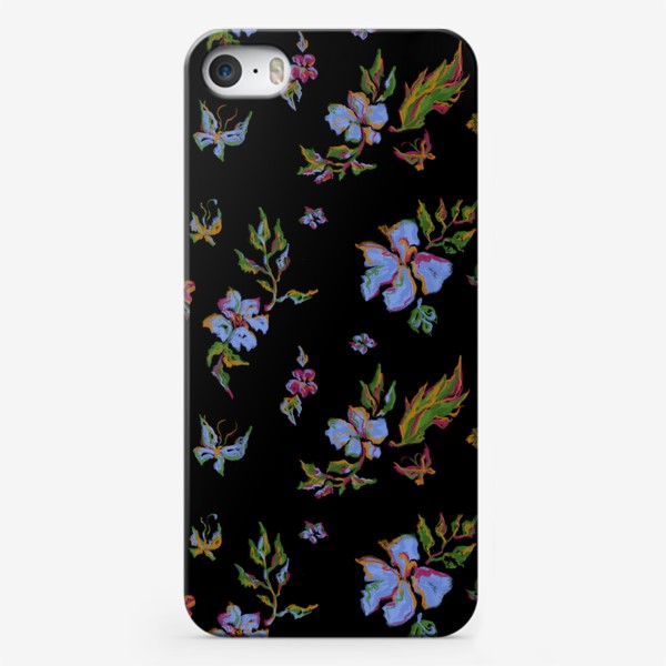 Чехол iPhone «Цветочный узор на чёрном фоне»