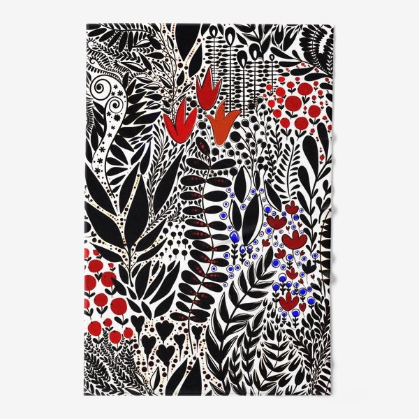 Полотенце «Черно-белые травинки с красными цветами»