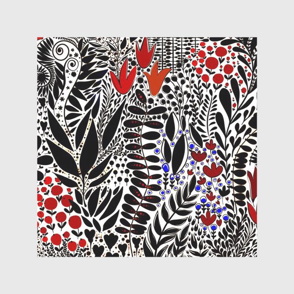 Скатерть «Черно-белые травинки с красными цветами»