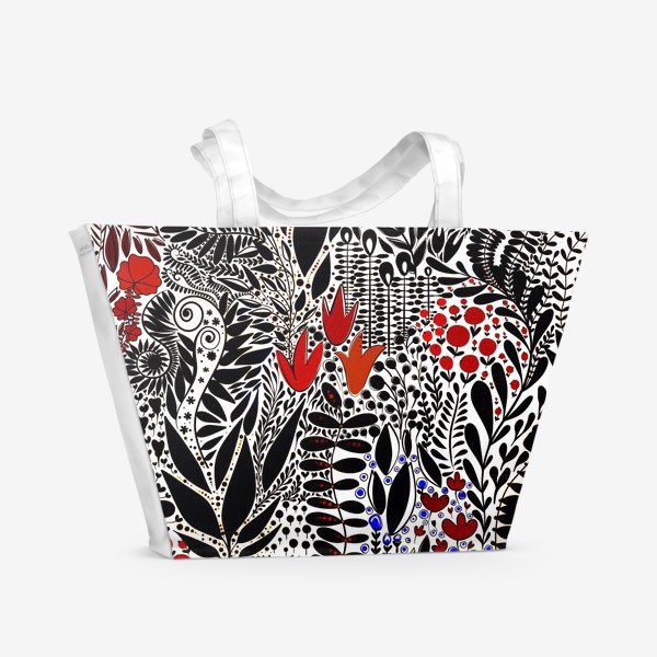 Пляжная сумка «Черно-белые травинки с красными цветами»