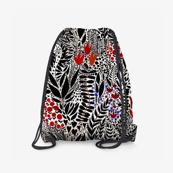 Рюкзак «Черно-белые травинки с красными цветами»