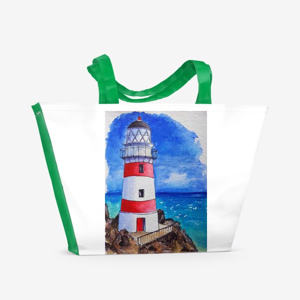 Пляжная сумка «Красно белый маяк на море»
