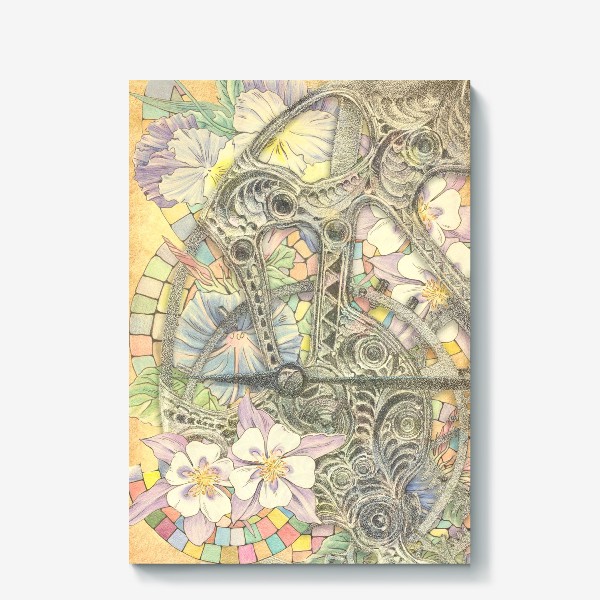 Холст «Мозаика, цветы и часовой механизм»