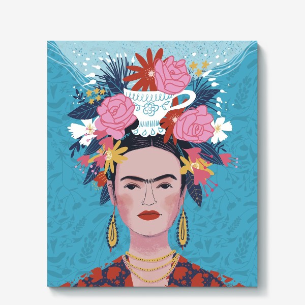 Холст «Портрет Фриды Кало с большим букетом на голове на сиреневом и голубом фоне»