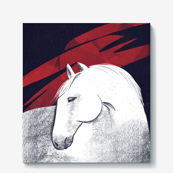 Холст «Белая лошадь на черном и красном фоне.  Текстуры и абстракция.»