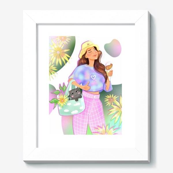 Картина «Лето, девушка, мороженное, котенок, цветы.»