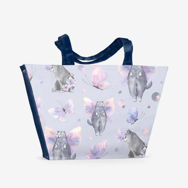 Пляжная сумка «Серые котики, коты и бабочки. Акварельный паттерн.»