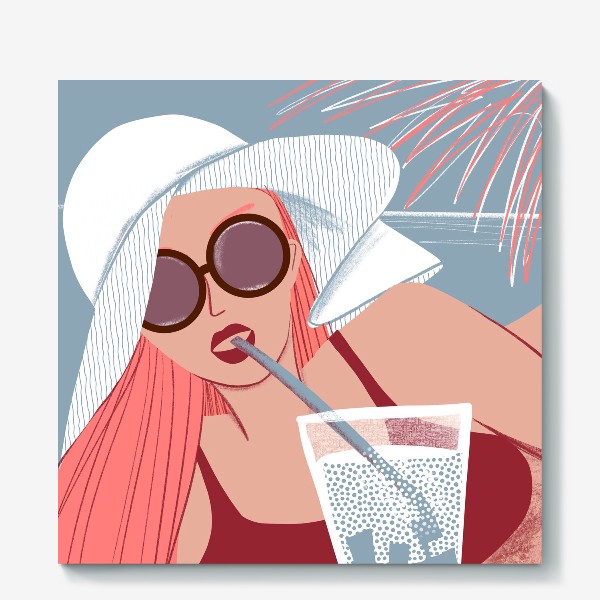 Холст &laquo;Девушка в купальнике и белой шляпе с большим коктейлем или лимонадом в синих и розовых тонах&raquo;