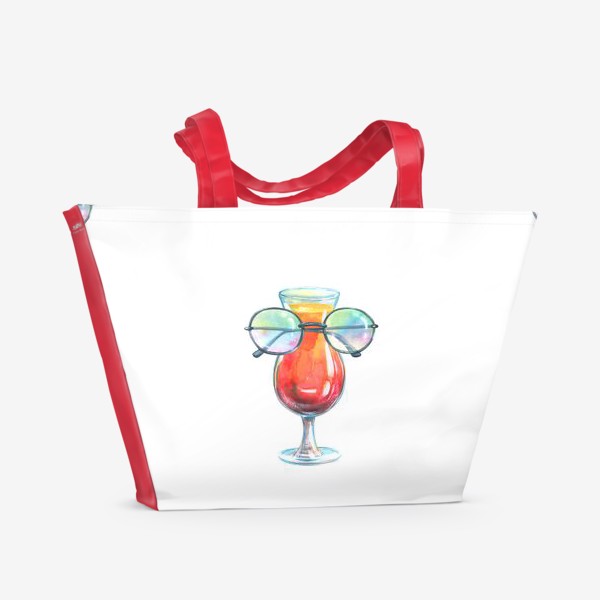 Пляжная сумка «Коктейль в бокале с солнечными очками. Акварельный паттерн.»