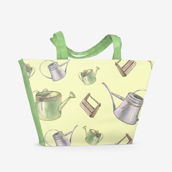Пляжная сумка &laquo;Садовый акварельный паттерн. Лейки, ящички, яблоневые цветы.&raquo;