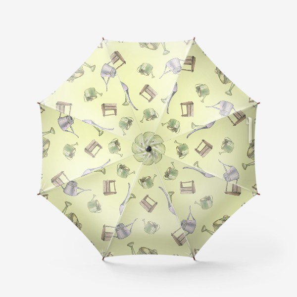 Зонт «Садовый акварельный паттерн. Лейки, ящички, яблоневые цветы.»