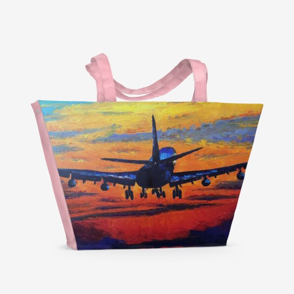 Пляжная сумка «Путешествие. Коллаж с взлетающим самолетом в закатном небе.»
