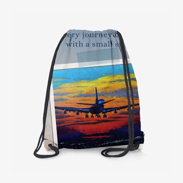 Рюкзак «Путешествие. Коллаж с взлетающим самолетом в закатном небе.»