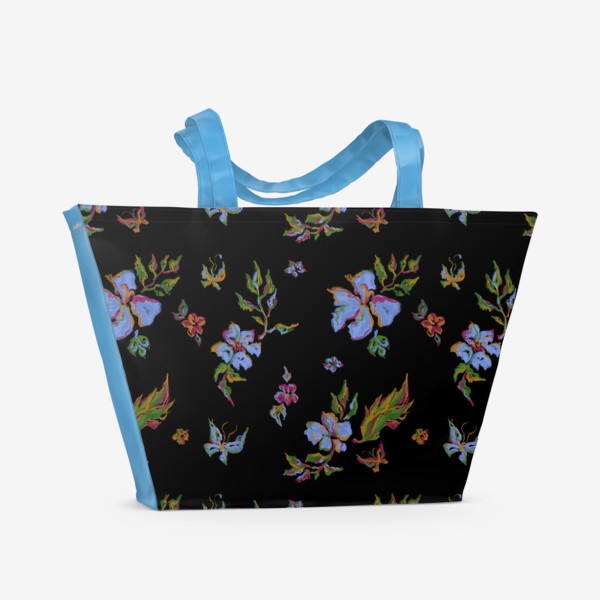 Пляжная сумка «Цветочный узор на чёрном фоне»