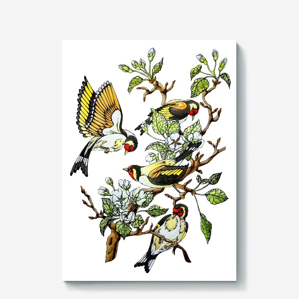 Холст «Весенние птицы на ветках яблони. Дерево с белыми цветами»