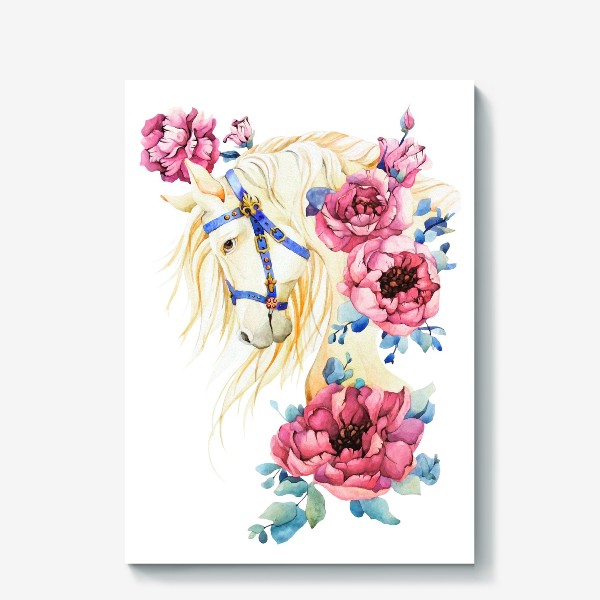 Холст «Портрет белой лошади с синей сбруей и розовыми пионами»