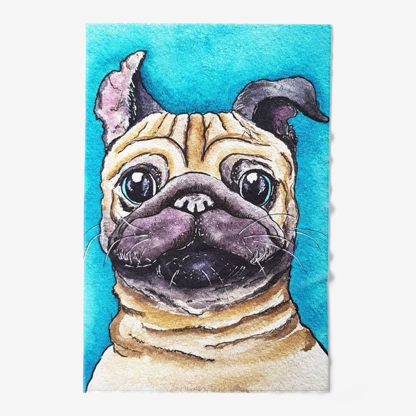 Полотенце «Собака мопс на синем фоне»